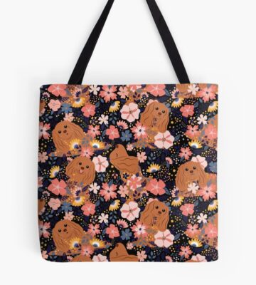 Ruby King Charles Spaniel Garden Black Background Tote Bag